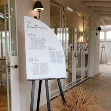 Load image into Gallery viewer, Minimalist & Monochrome Matte White Acrylic Half-Arch Seating Plan - UP TO 100 GUESTS