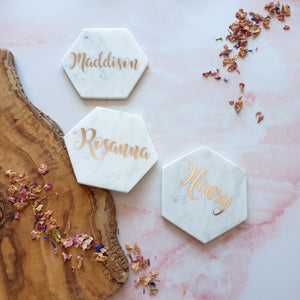 ROSE GOLD - Personalised Marble Coaster Wedding Favour Bomboniere & Place Card