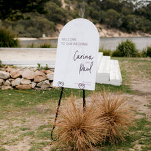 Load image into Gallery viewer, Large Minimalist &amp; Monochrome Matte White Acrylic Arch Wedding Welcome Sign
